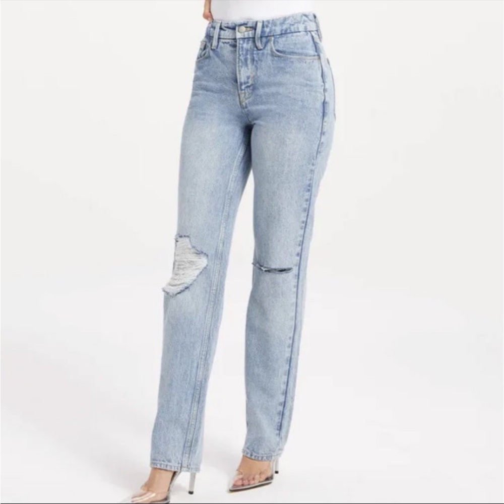 Good American 90s Icon Blue Hi Rise Distressed Denim Straight Jeans Womens Sz 6